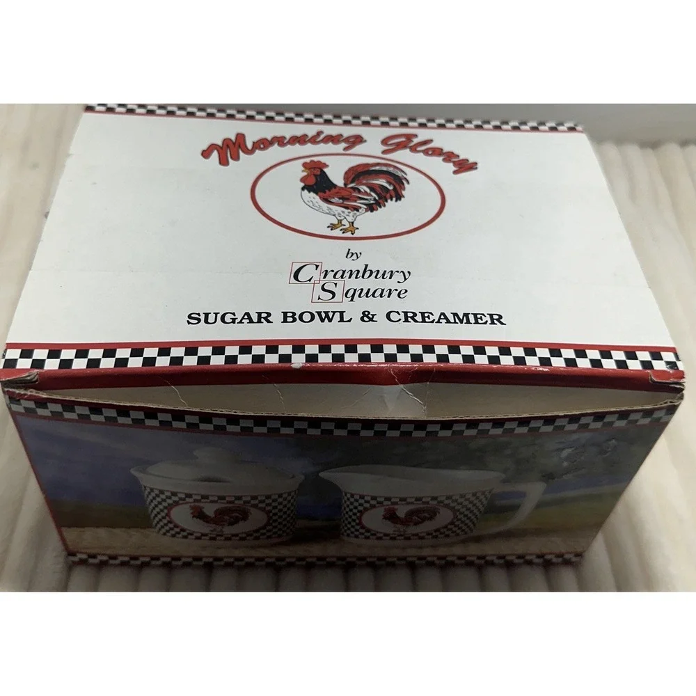 Morning Glory Designs Ceramic Rooster Creamer & Sugar Set Red White Black